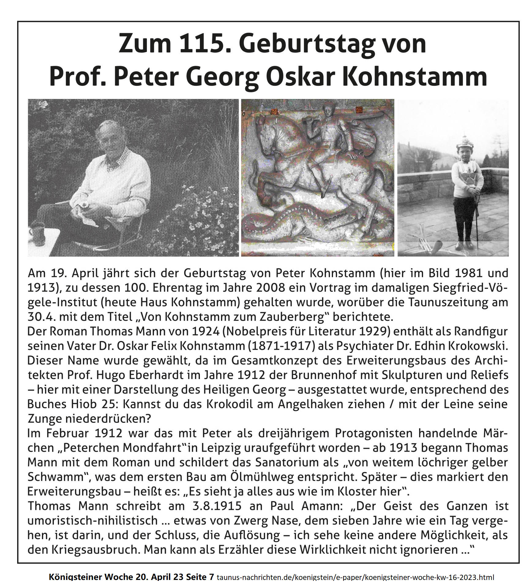 115. Geburtstag Peter Kohnstamm  Königsteiner Woche 20. April 23 Seite