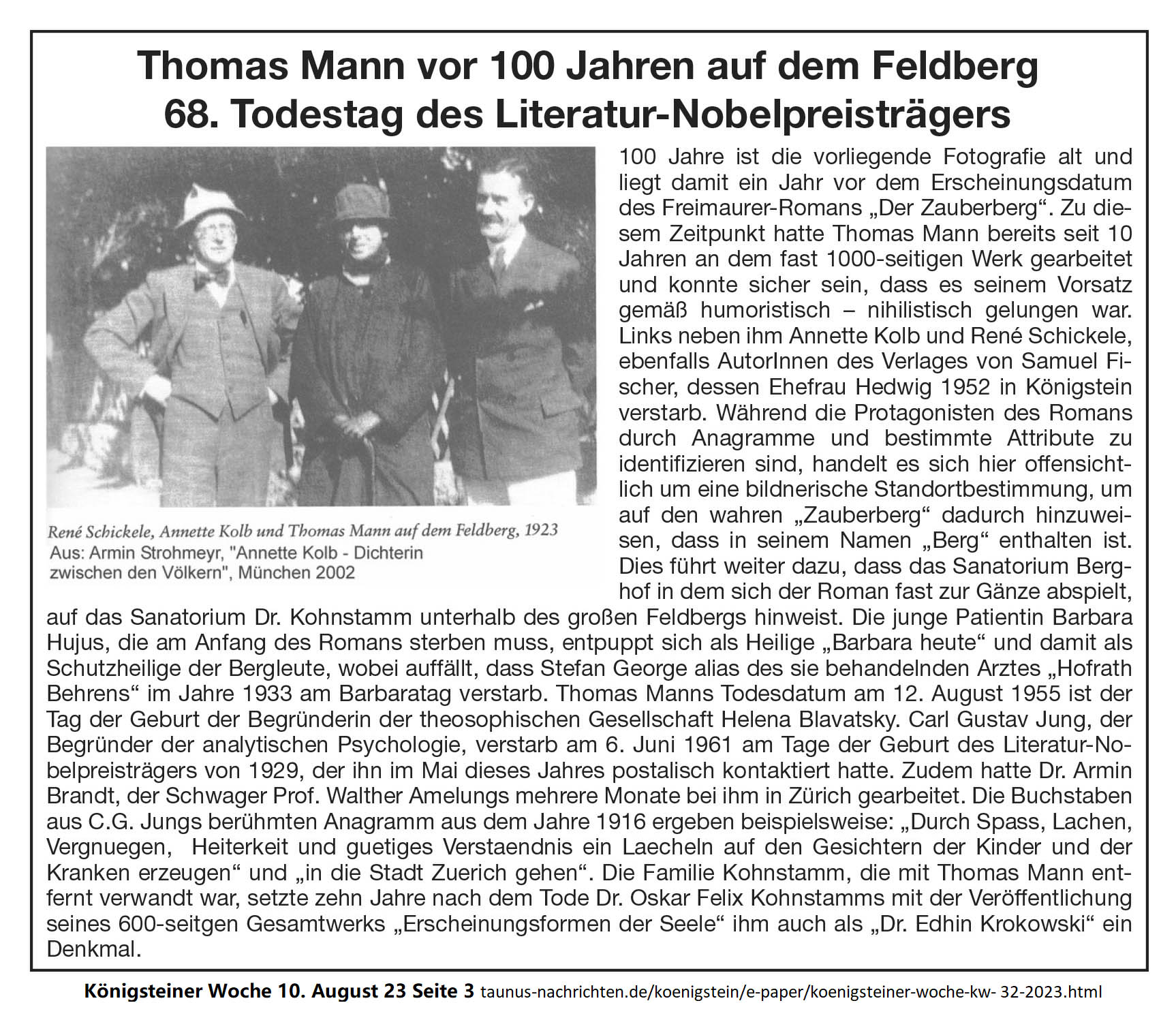 68. Todestag Thomas Mann - Königsteiner Woche 10. Augustust 23 Seite 3