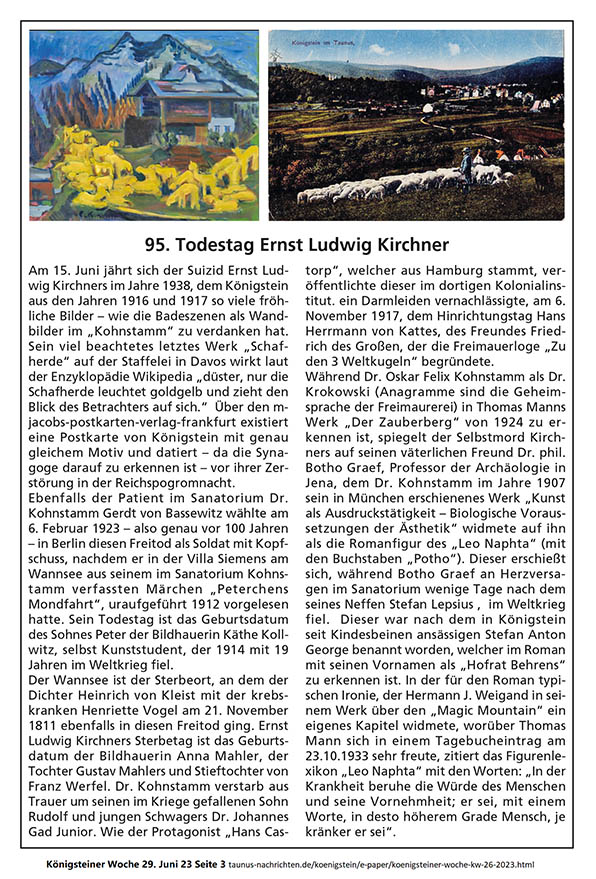 95. Todestag Ernst Ludwig Kirchner Königsteiner Woche 29. Juni 23 Seit
